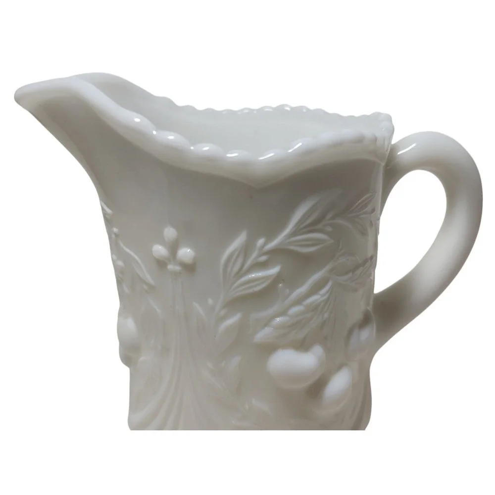 Vintage LG Wright Creamer White Milk‎ Glass Cherries Pattern Glass Pitcher Vase
